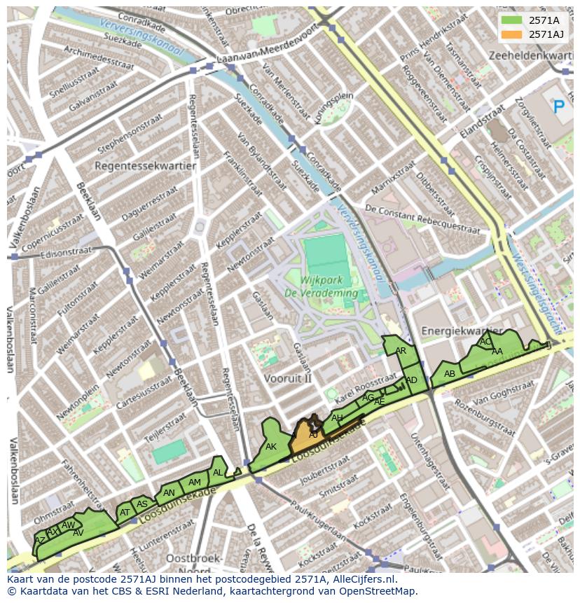 Afbeelding van het postcodegebied 2571 AJ op de kaart.