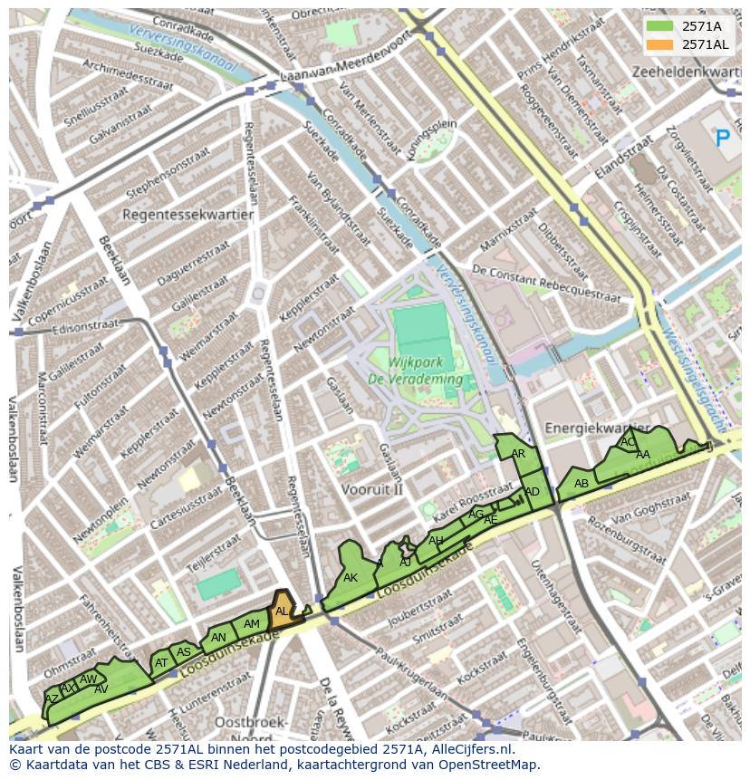 Afbeelding van het postcodegebied 2571 AL op de kaart.