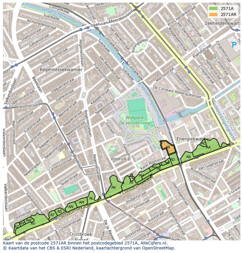 Afbeelding van het postcodegebied 2571 AR op de kaart.