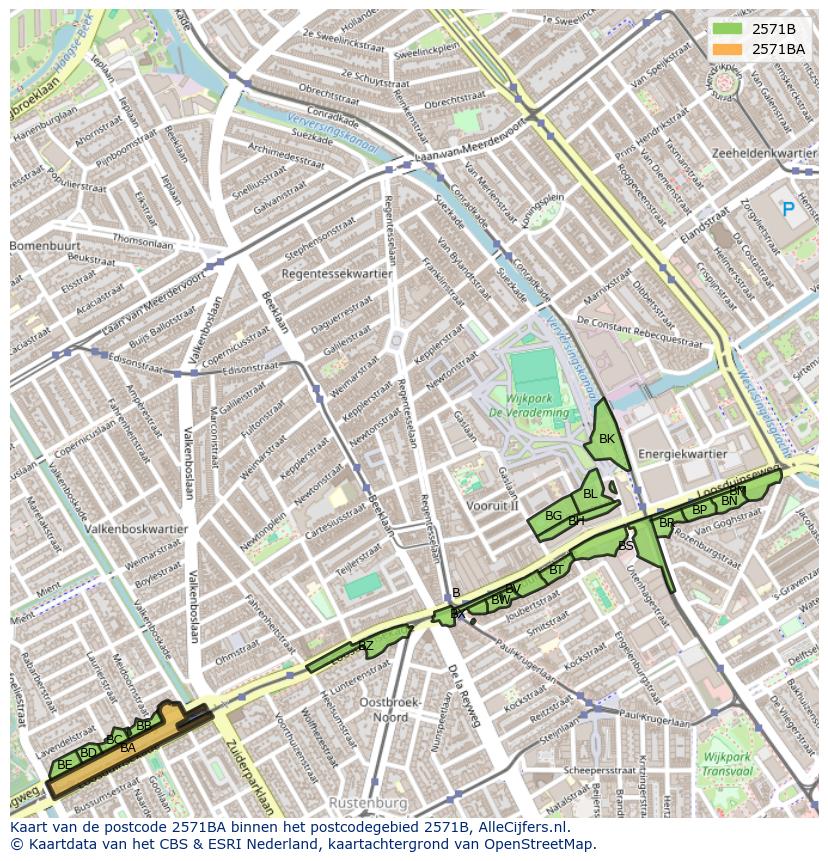 Afbeelding van het postcodegebied 2571 BA op de kaart.