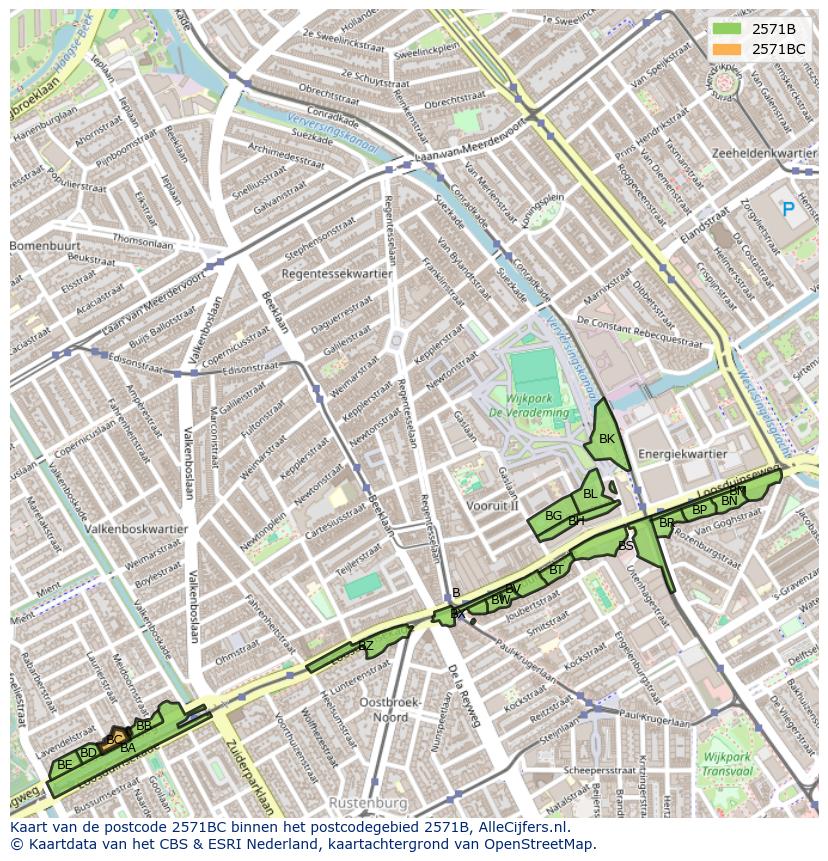 Afbeelding van het postcodegebied 2571 BC op de kaart.