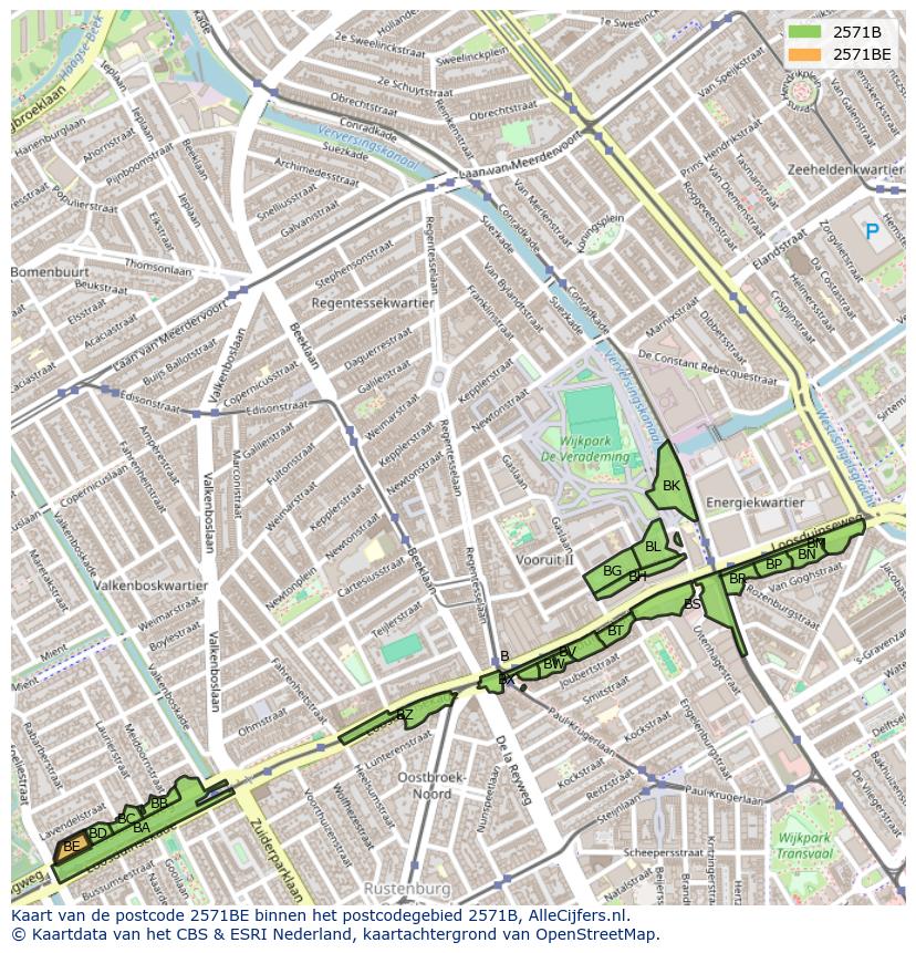 Afbeelding van het postcodegebied 2571 BE op de kaart.