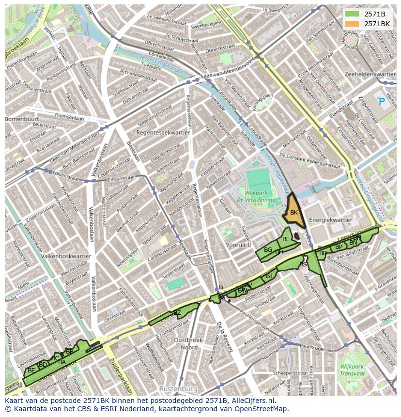Afbeelding van het postcodegebied 2571 BK op de kaart.