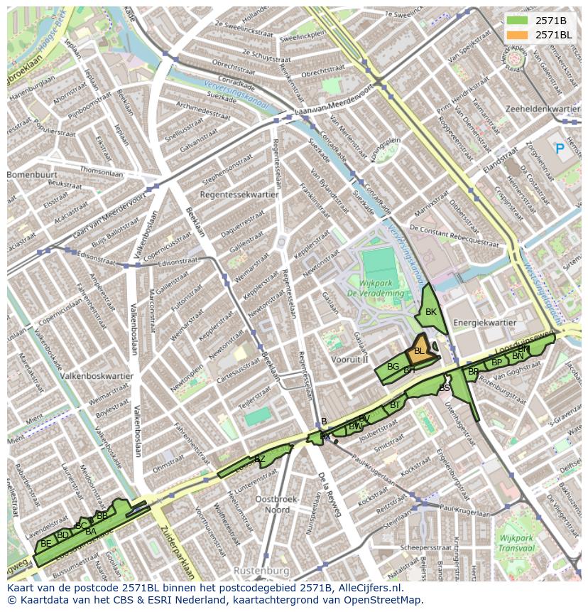 Afbeelding van het postcodegebied 2571 BL op de kaart.