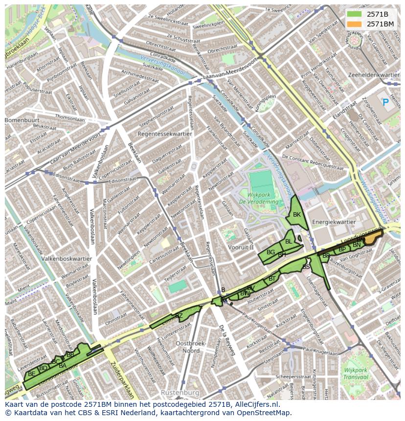 Afbeelding van het postcodegebied 2571 BM op de kaart.