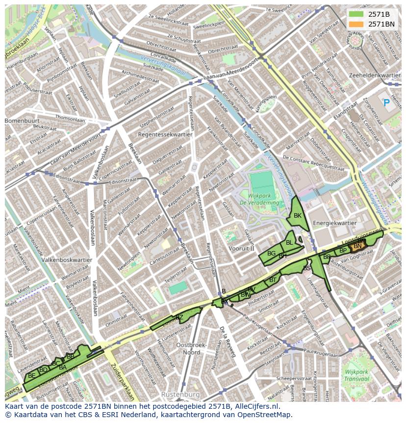Afbeelding van het postcodegebied 2571 BN op de kaart.