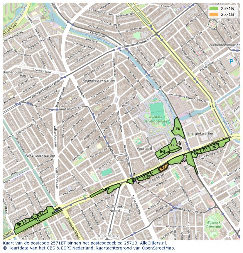 Afbeelding van het postcodegebied 2571 BT op de kaart.