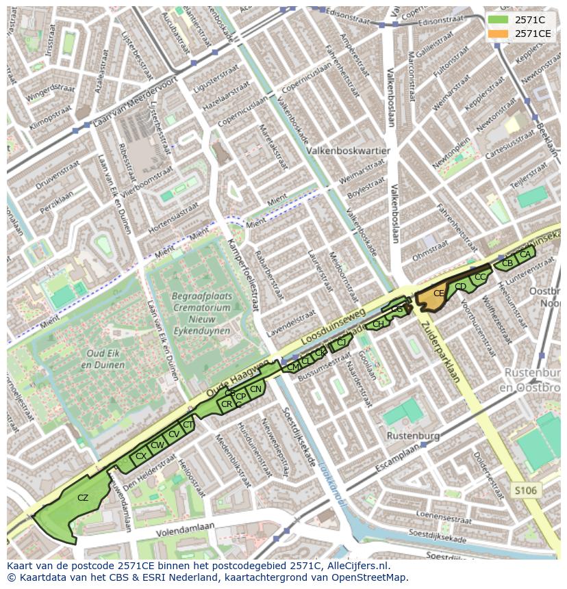 Afbeelding van het postcodegebied 2571 CE op de kaart.