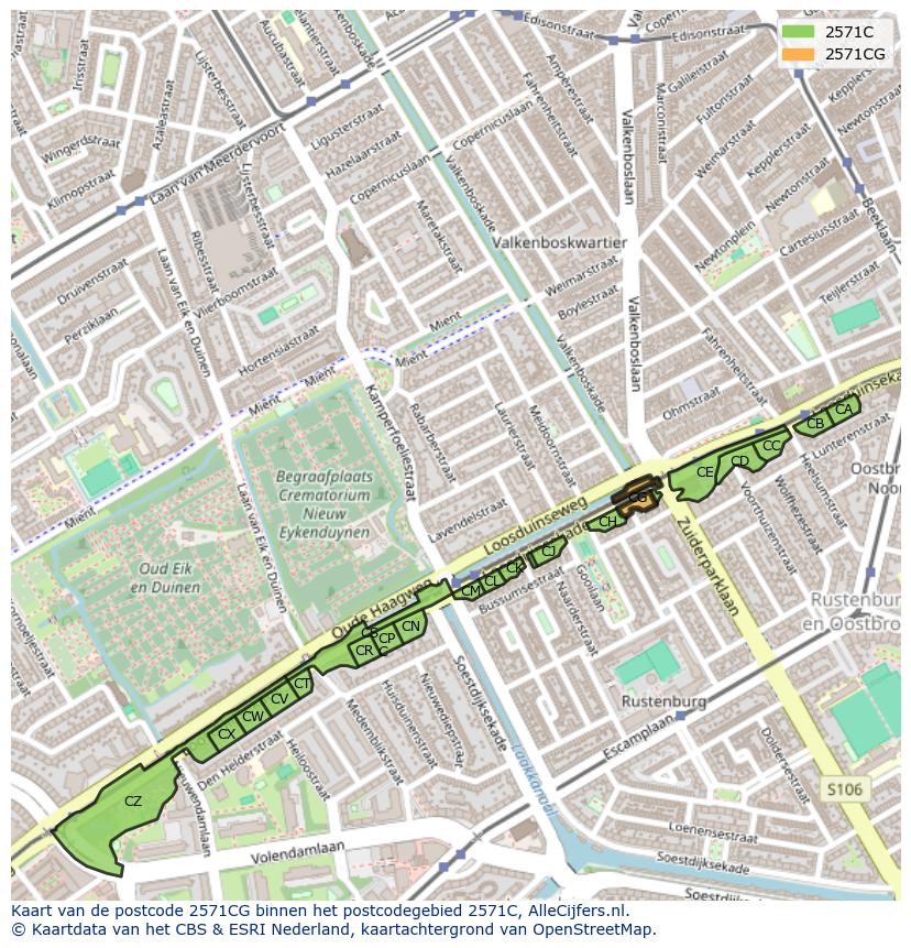 Afbeelding van het postcodegebied 2571 CG op de kaart.