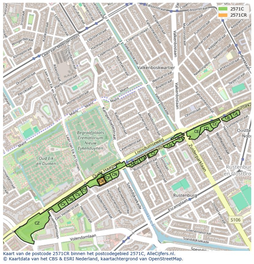 Afbeelding van het postcodegebied 2571 CR op de kaart.