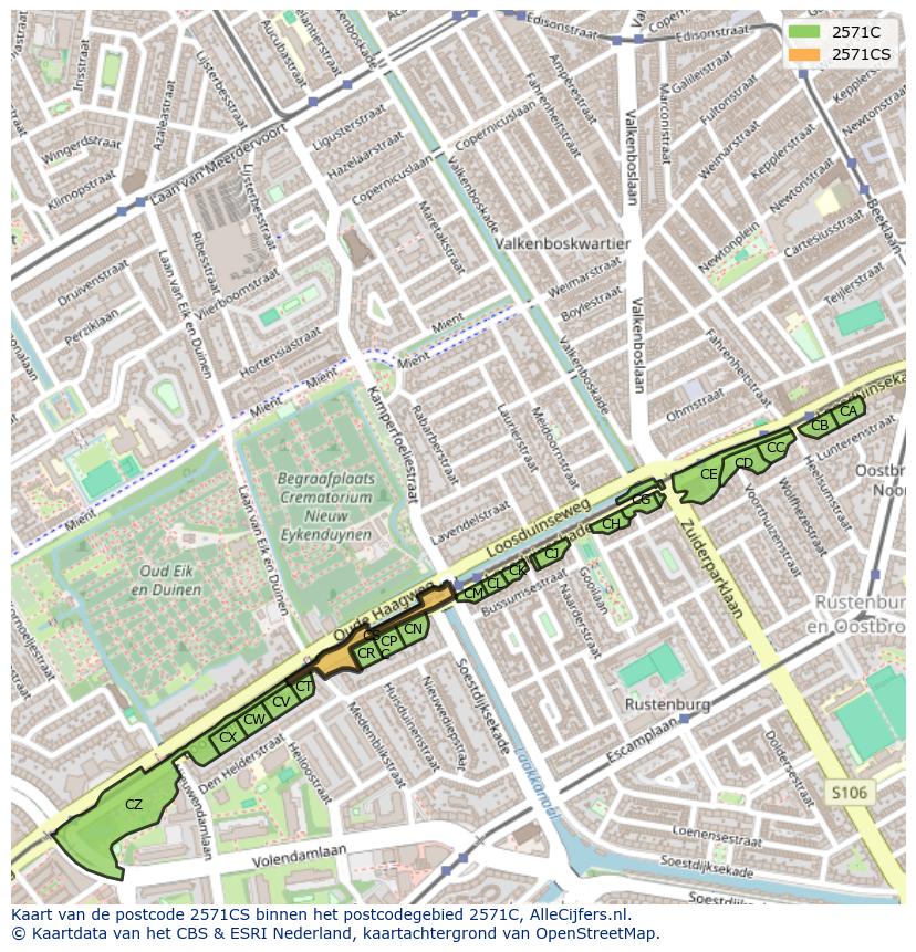 Afbeelding van het postcodegebied 2571 CS op de kaart.