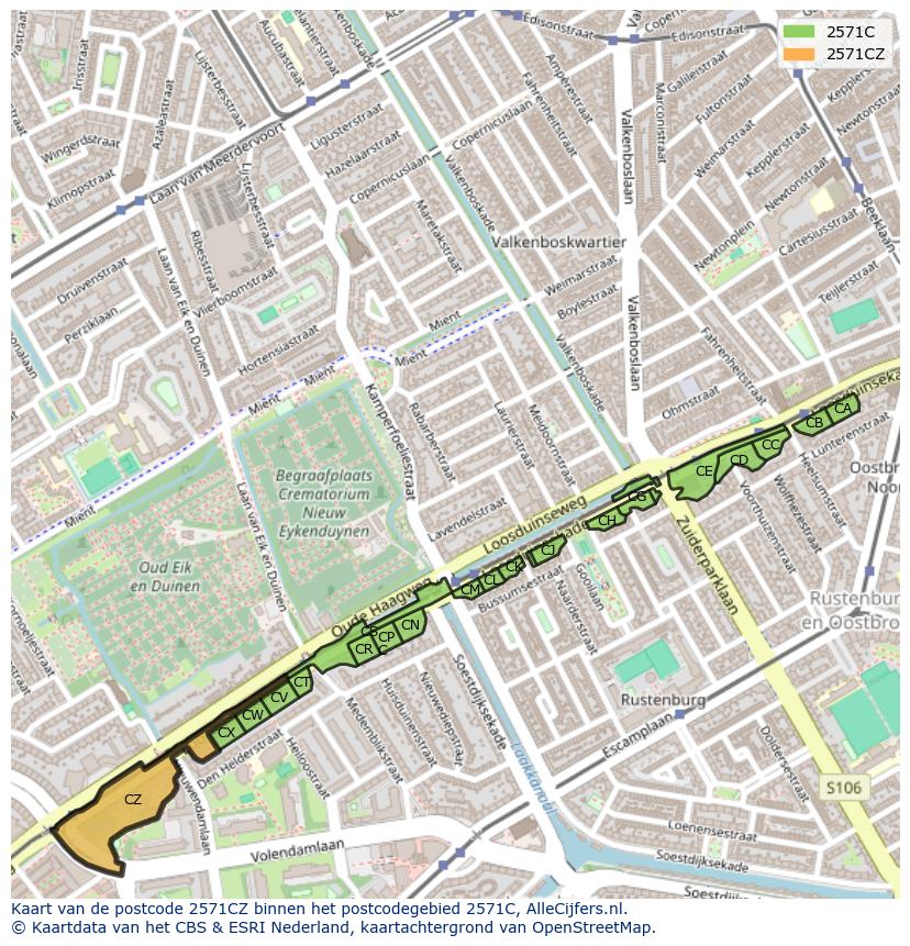 Afbeelding van het postcodegebied 2571 CZ op de kaart.