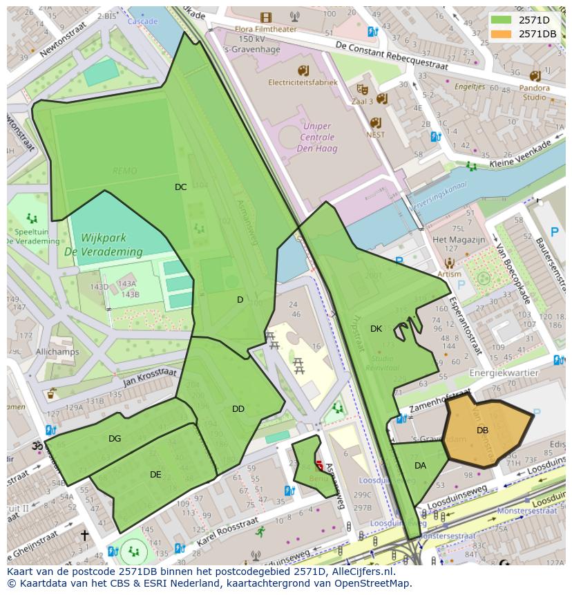 Afbeelding van het postcodegebied 2571 DB op de kaart.