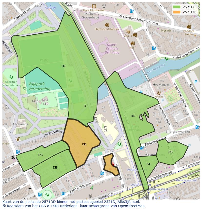 Afbeelding van het postcodegebied 2571 DD op de kaart.
