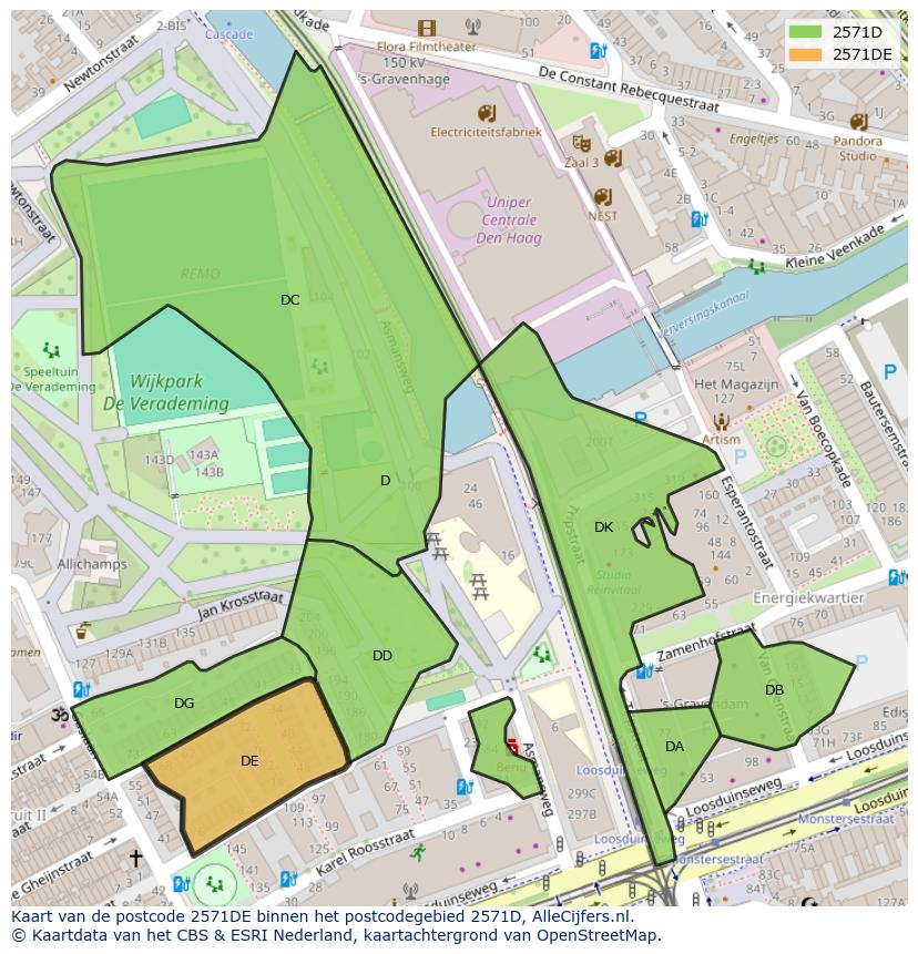 Afbeelding van het postcodegebied 2571 DE op de kaart.