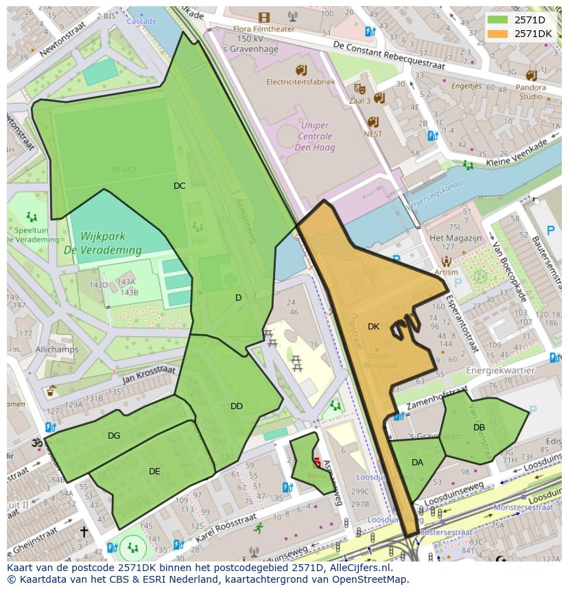 Afbeelding van het postcodegebied 2571 DK op de kaart.