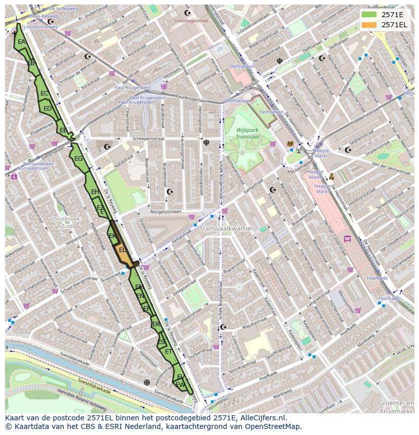 Afbeelding van het postcodegebied 2571 EL op de kaart.