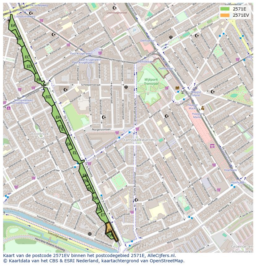 Afbeelding van het postcodegebied 2571 EV op de kaart.