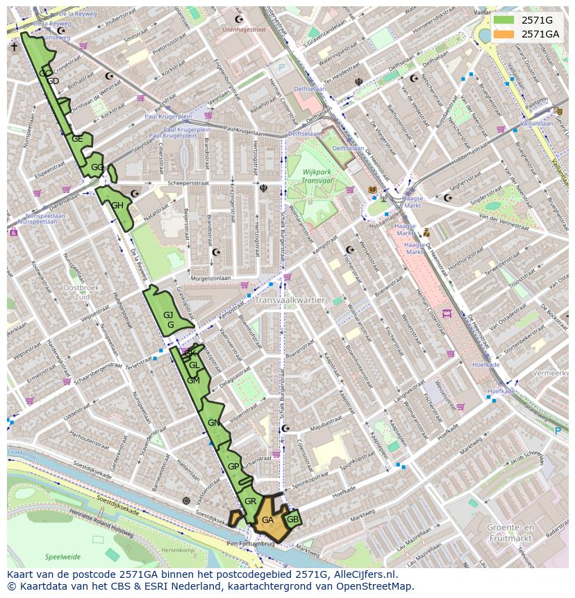 Afbeelding van het postcodegebied 2571 GA op de kaart.
