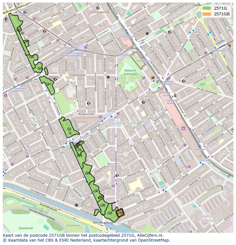 Afbeelding van het postcodegebied 2571 GB op de kaart.