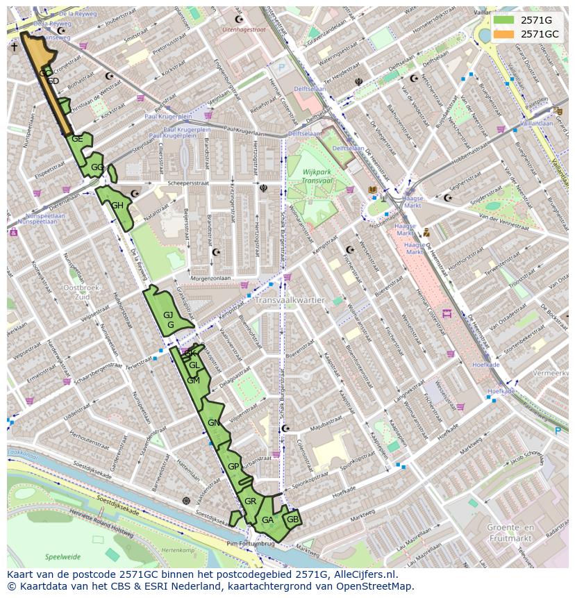 Afbeelding van het postcodegebied 2571 GC op de kaart.