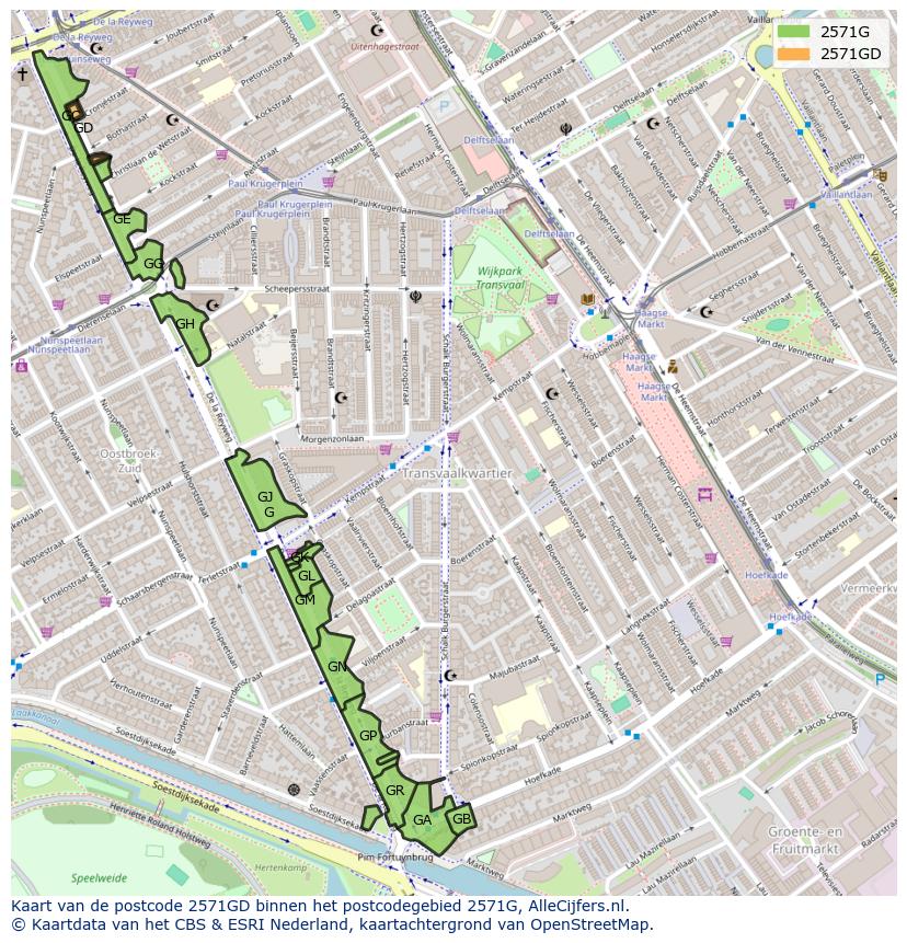 Afbeelding van het postcodegebied 2571 GD op de kaart.