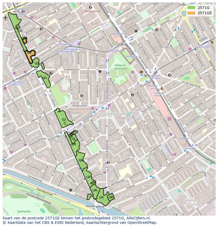 Afbeelding van het postcodegebied 2571 GE op de kaart.
