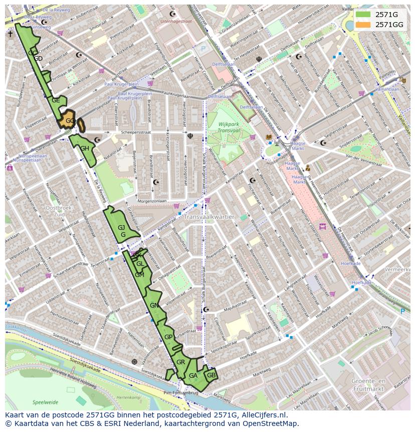 Afbeelding van het postcodegebied 2571 GG op de kaart.