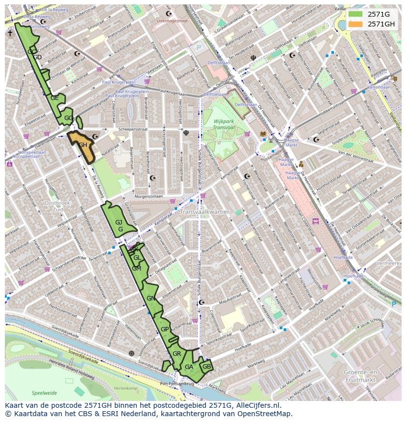 Afbeelding van het postcodegebied 2571 GH op de kaart.