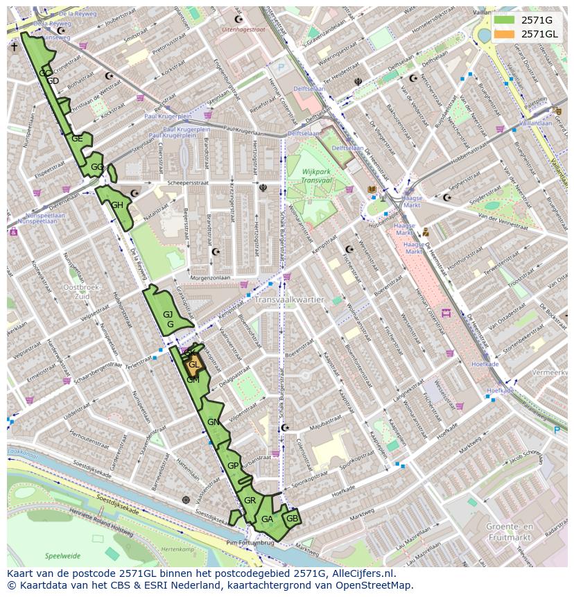 Afbeelding van het postcodegebied 2571 GL op de kaart.