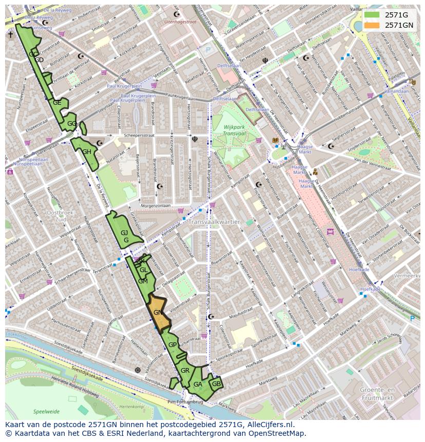 Afbeelding van het postcodegebied 2571 GN op de kaart.