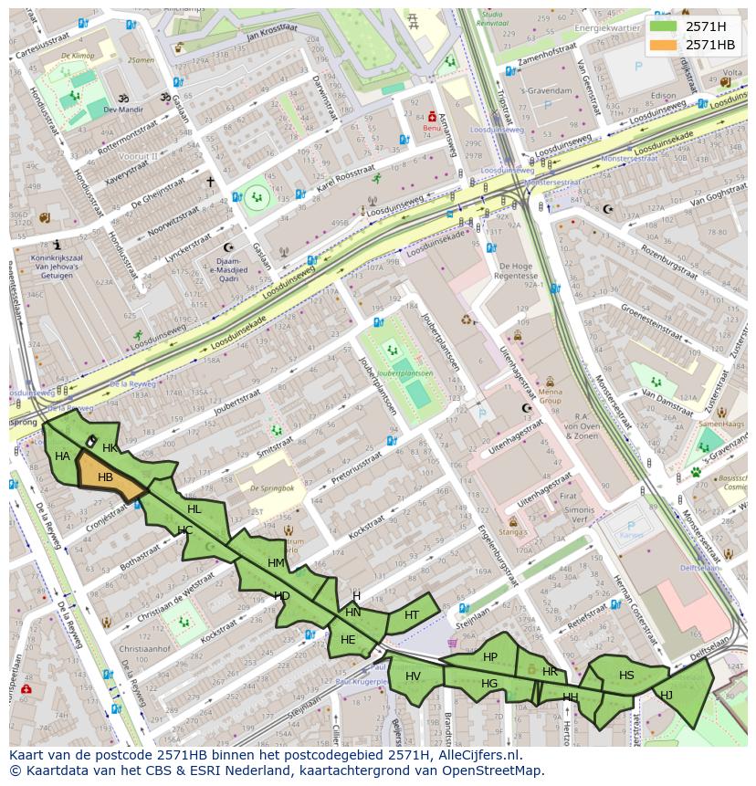 Afbeelding van het postcodegebied 2571 HB op de kaart.