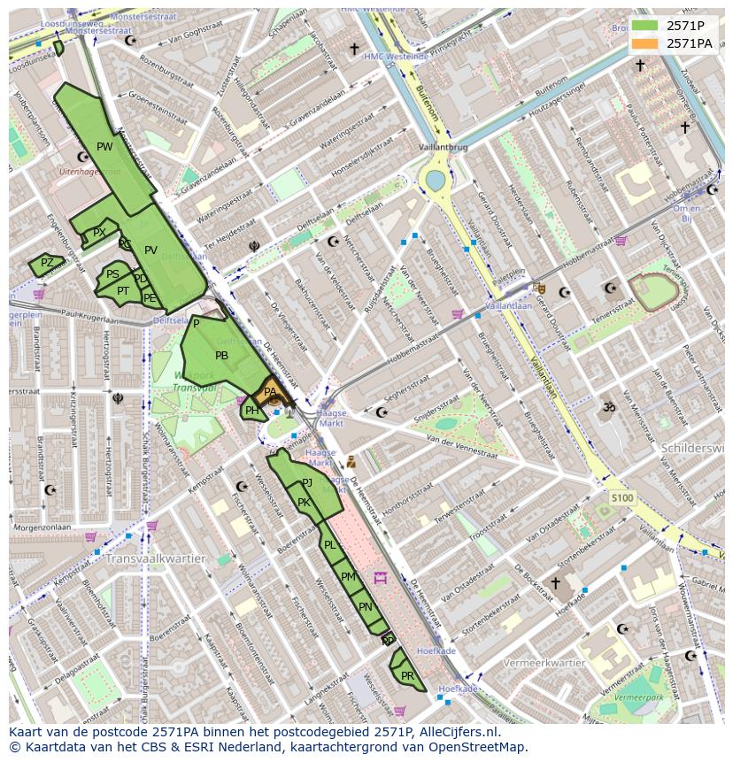 Afbeelding van het postcodegebied 2571 PA op de kaart.