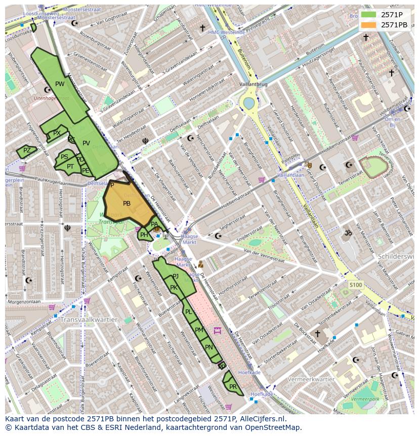 Afbeelding van het postcodegebied 2571 PB op de kaart.