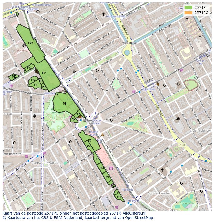 Afbeelding van het postcodegebied 2571 PC op de kaart.