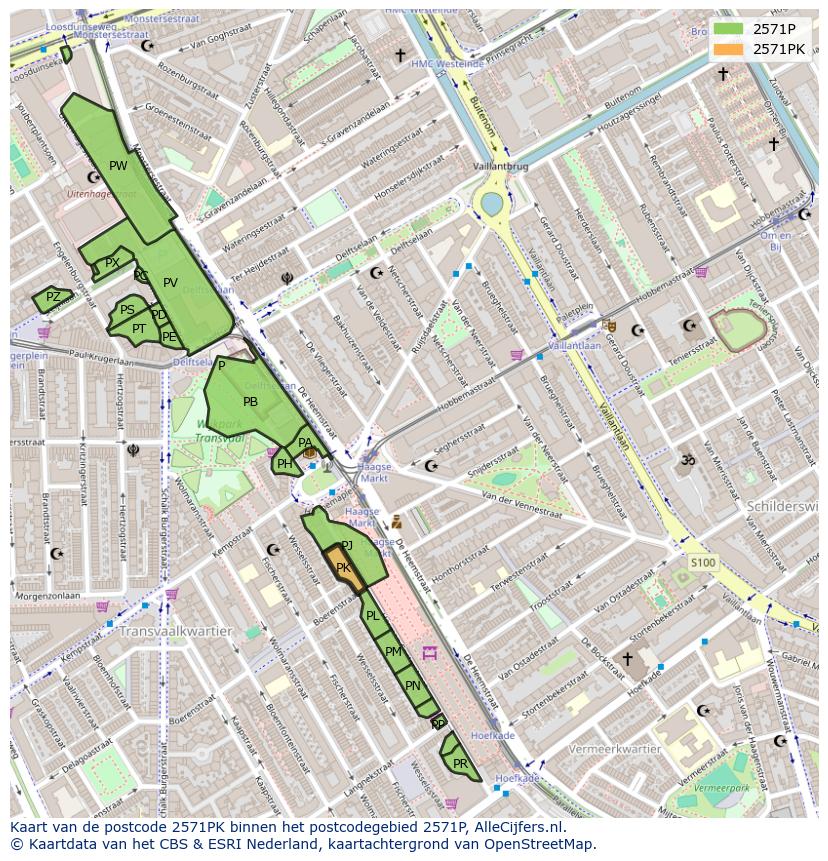 Afbeelding van het postcodegebied 2571 PK op de kaart.