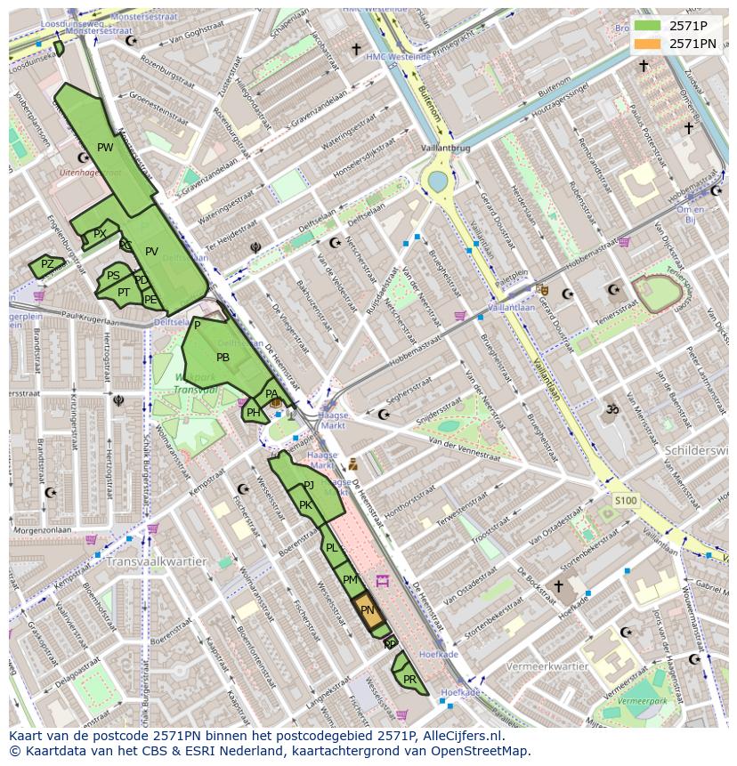 Afbeelding van het postcodegebied 2571 PN op de kaart.