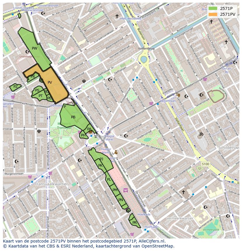 Afbeelding van het postcodegebied 2571 PV op de kaart.