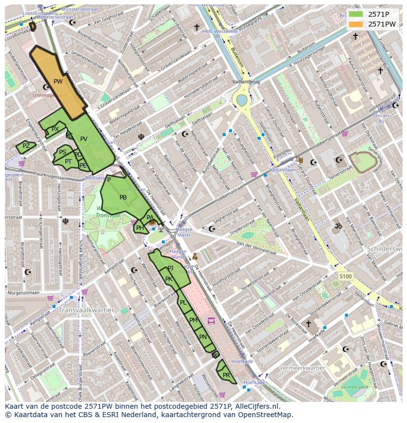 Afbeelding van het postcodegebied 2571 PW op de kaart.