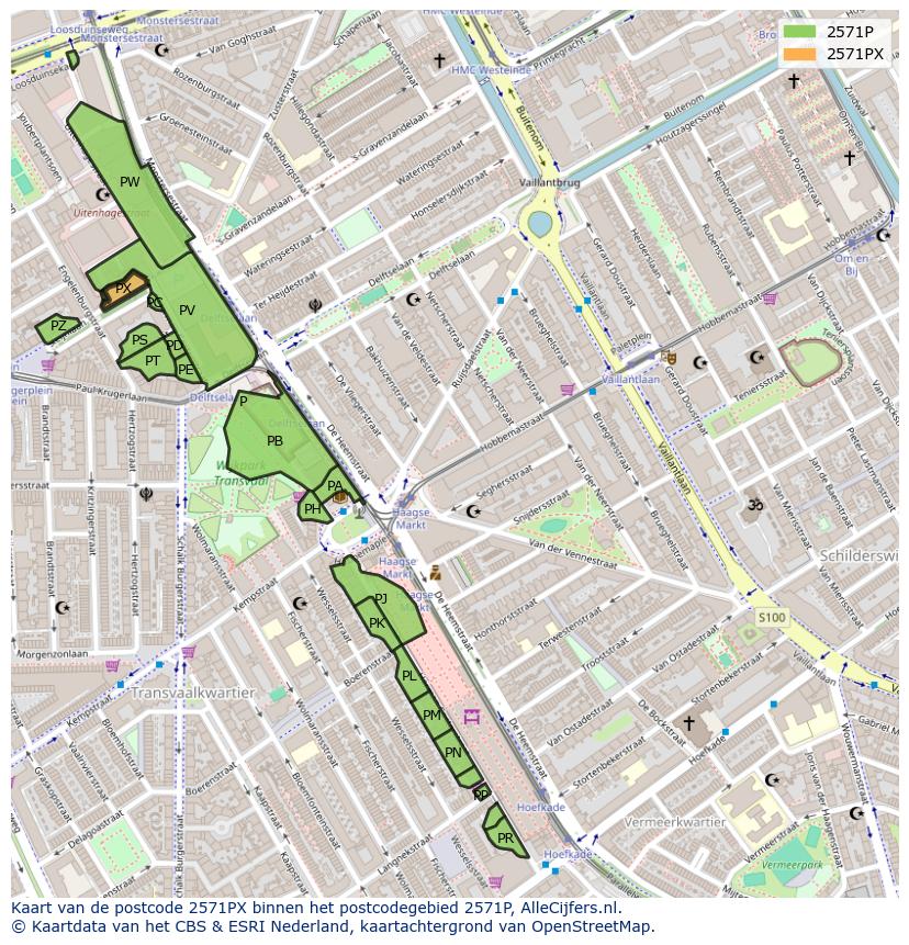 Afbeelding van het postcodegebied 2571 PX op de kaart.
