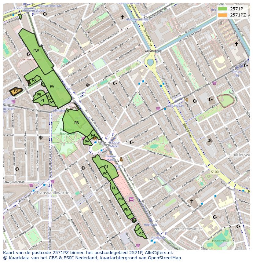 Afbeelding van het postcodegebied 2571 PZ op de kaart.