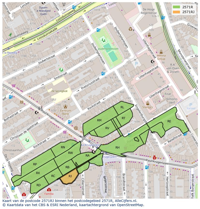 Afbeelding van het postcodegebied 2571 RJ op de kaart.
