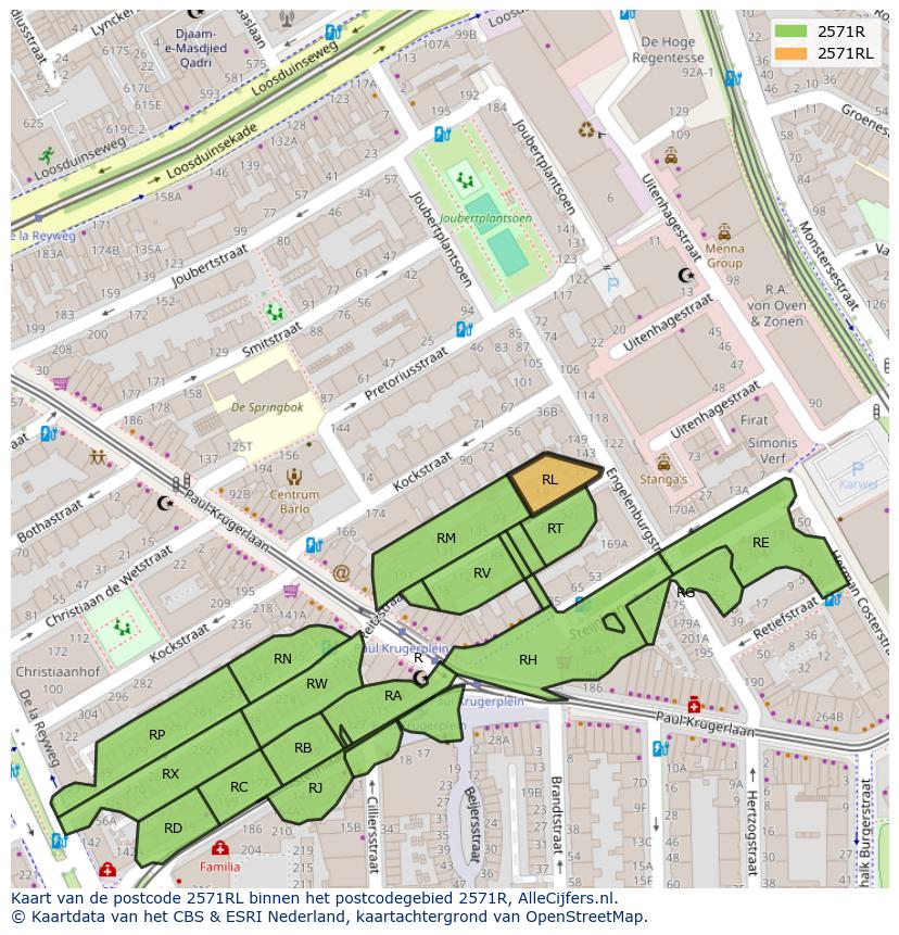Afbeelding van het postcodegebied 2571 RL op de kaart.