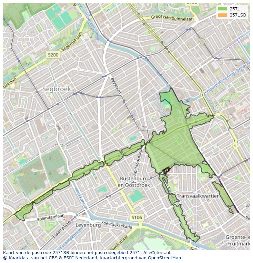 Afbeelding van het postcodegebied 2571 SB op de kaart.