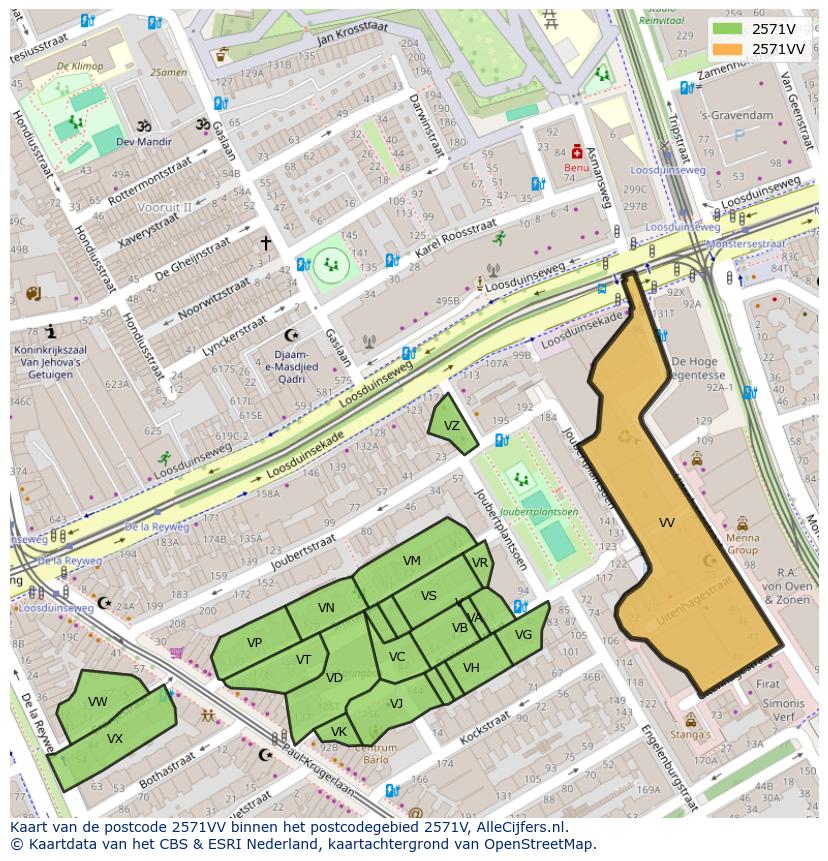 Afbeelding van het postcodegebied 2571 VV op de kaart.