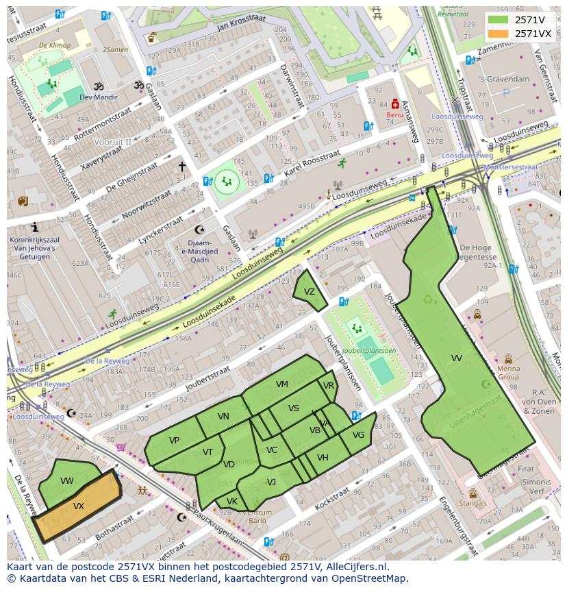 Afbeelding van het postcodegebied 2571 VX op de kaart.