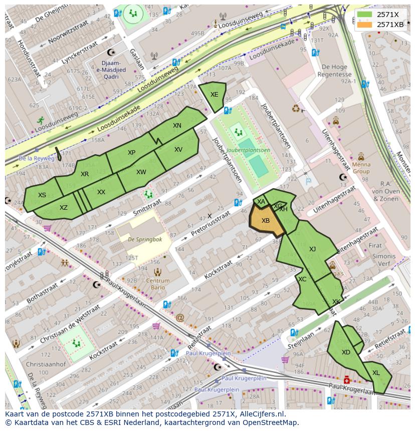 Afbeelding van het postcodegebied 2571 XB op de kaart.