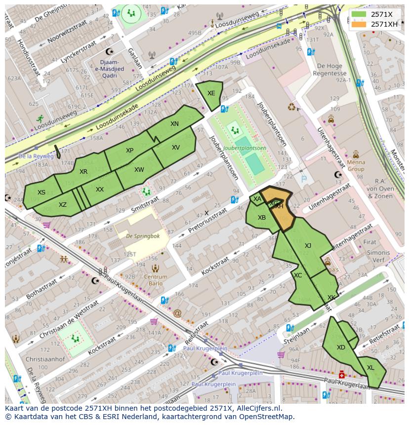 Afbeelding van het postcodegebied 2571 XH op de kaart.