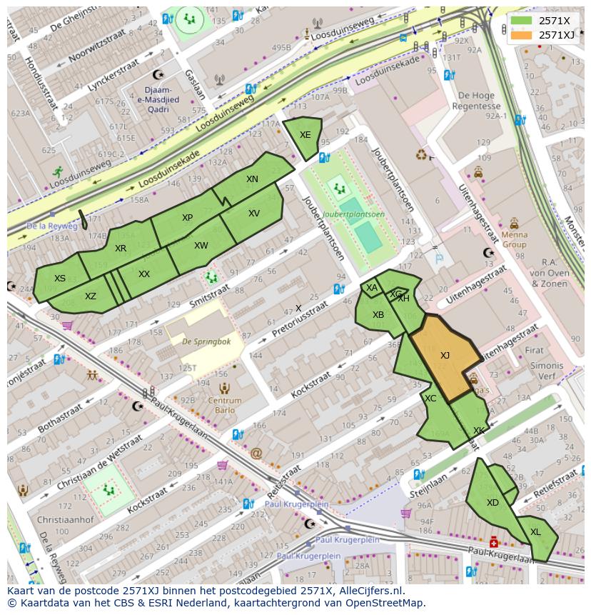 Afbeelding van het postcodegebied 2571 XJ op de kaart.