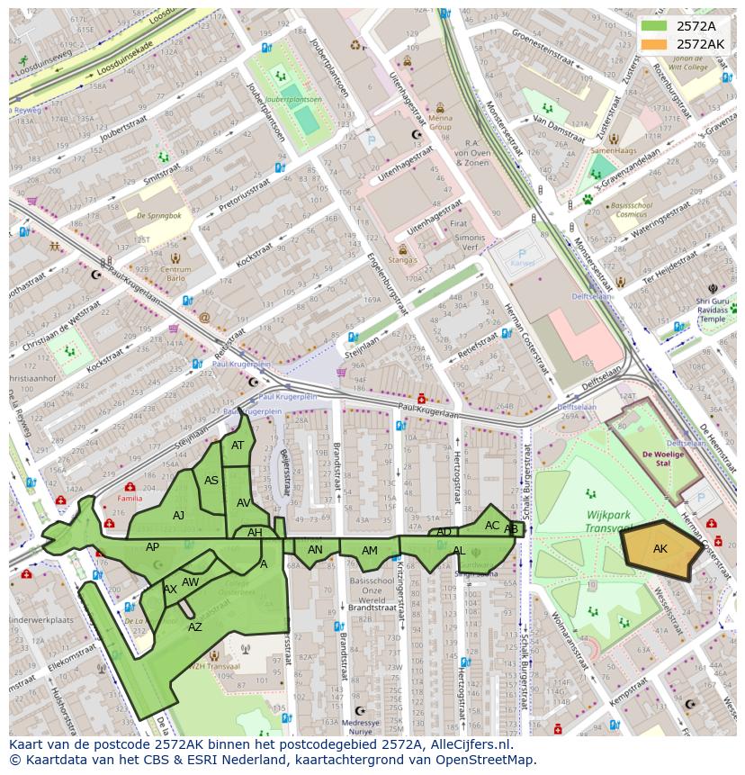 Afbeelding van het postcodegebied 2572 AK op de kaart.